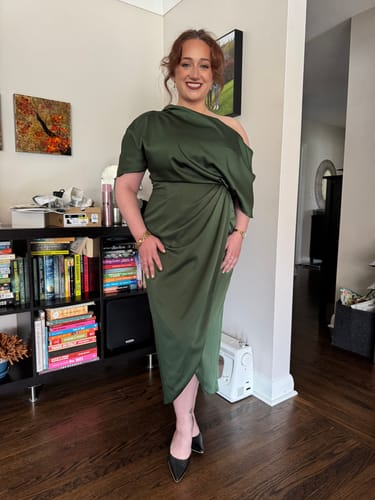 Customer photo review of Rayna One Shoulder Draped Dress in Green by Theia Couture - RENTAL