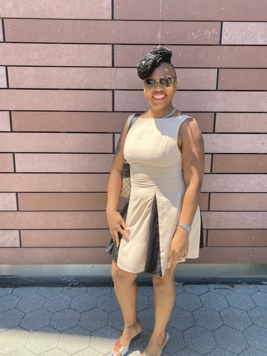 Customer photo review of Rhode Contrast Godet Hem Mini Dress - Beige