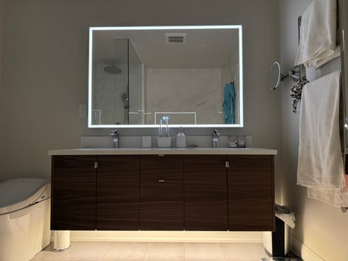 Customer photo review of Austin 60" Wall Mount American Black Walnut Bathroom Vanity, Double Sink