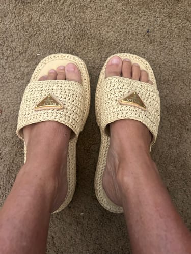 Customer photo review of PRA CROCHET FLATFORM SLIDES BEIGE RAFFIA