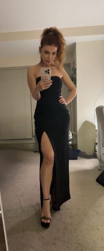 Customer photo review of Strapless High Slit Gown