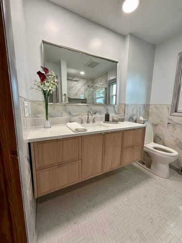 Customer photo review of Cape Breton 60" Wall Mount White Oak Bathroom Vanity