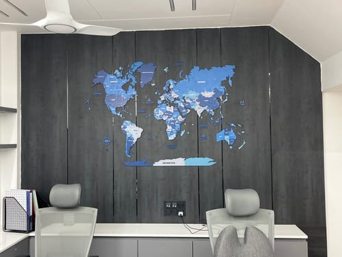 Customer photo review of 3D Tory Blue Wooden World Map for wall