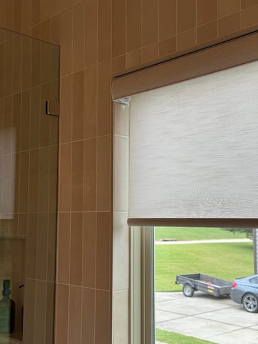 Customer photo review of SmartWings Motorized Light Filtering Roller Shades 70% Blackout Essential