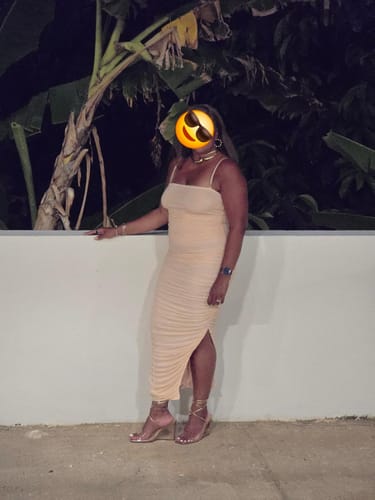 Customer photo review of Kana Blush Pink Ruched Mesh Slit Dress