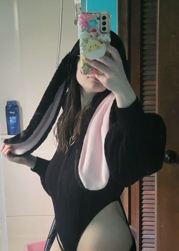 Customer photo review of Chic Grey Bunny Ear Hoodie Bodysuit for sale