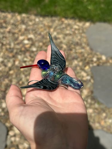 Customer photo review of Dichroic Twist Glass Hummingbird with Infused Ash