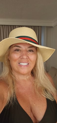 Customer photo review of Green and Red Ribbon Straw Woven Fedora Hat - Beige