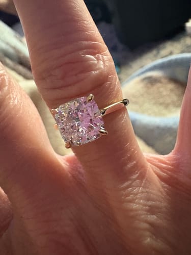 Customer photo review of Joy 3 Carat Cushion Cut Solitaire Lab Grown Engagement Ring in 10k Yellow Gold