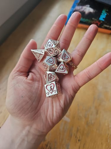 Customer photo review of Valentine Pink and Silver Heart Metal Dice Set 'PRE-ORDER | SPRING EVENT DEAL'