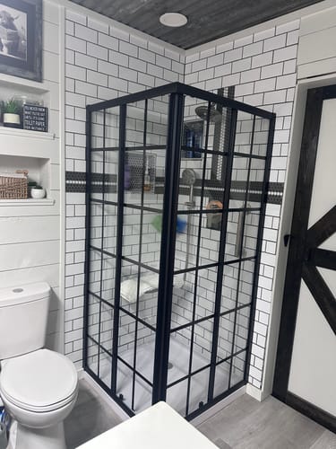 Customer photo review of SUNNY SHOWER Corner Square Shower Enclosure with 1/4 in. Clear Tempered Glass Double Sliding Shower Doors, Black Brushed Nickel