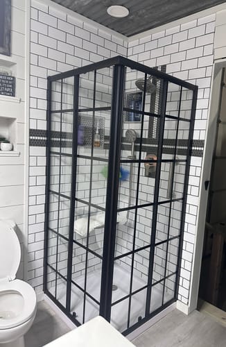 Customer photo review of SUNNY SHOWER Corner Square Shower Enclosure with 1/4 in. Clear Tempered Glass Double Sliding Shower Doors, Black Brushed Nickel