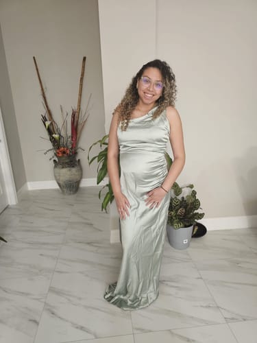 Customer photo review of One Shoulder Satin Ruched Bridesmaid Dress - Sage