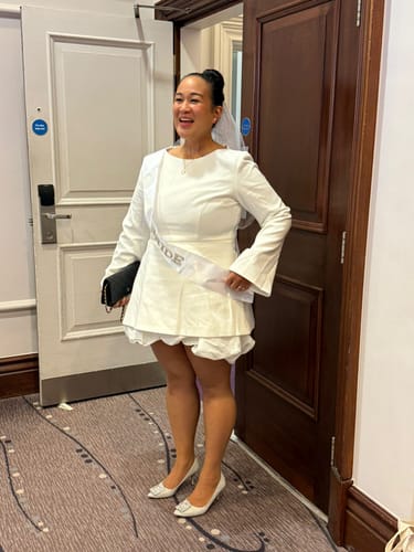 Customer photo review of Split Sleeve Bubble Hem Mini Dress - White