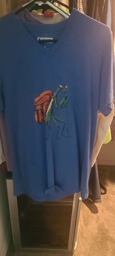 Customer photo review of Preying Mantis Backpacker V-Neck T-Shirt
