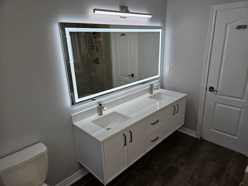 Customer photo review of Cape Breton 72" Wall Mount Satin White Bathroom Vanity, Double Sink