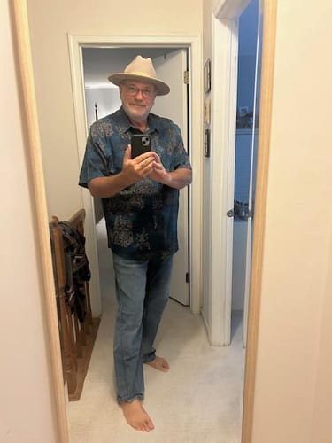 Customer photo review of Men's Blue Cotton Vintage Short Sleeve Summer Button Up Shirt