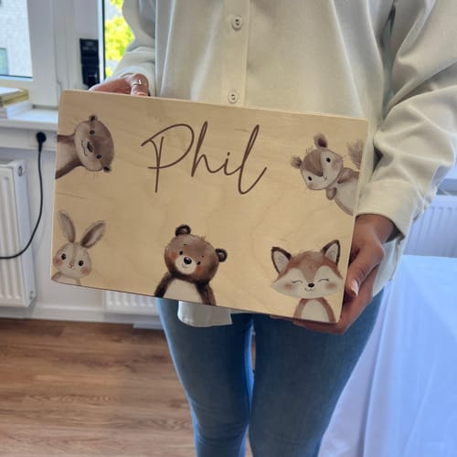 Customer photo review of Personalisierte Erinnerungskiste - Safari Freunde im Wald