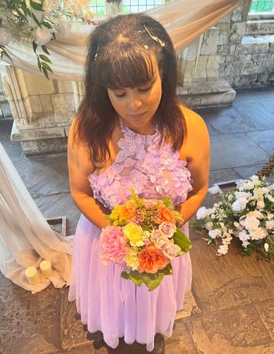 Customer photo review of Halter 3D Floral Lavender Midi Dress with Slit