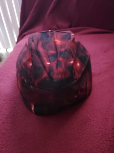 Customer photo review of Ghoul Ghost Skulls Black and Red Bandana Skull Cap, Made in USA, with Sweatband, Dorag Motorcycle Biker Hat