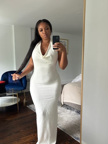 Customer photo review of Bouclé Knit Halter Maxi Dress