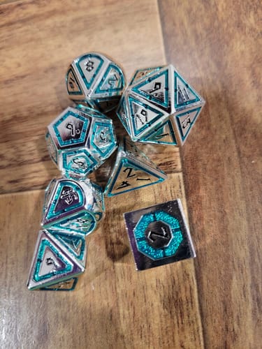 Customer photo review of Cleric's Domain Green And Silver Metal Dice Set 'PRE-ORDER | SPRING EVENT DEAL'