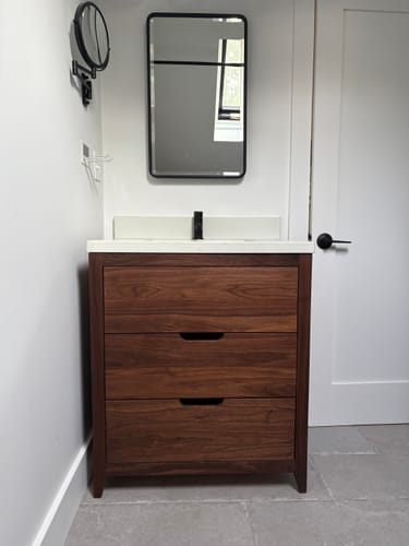 Customer photo review of 3-Drawer Mid-Century Modern Vanity / Single Sink