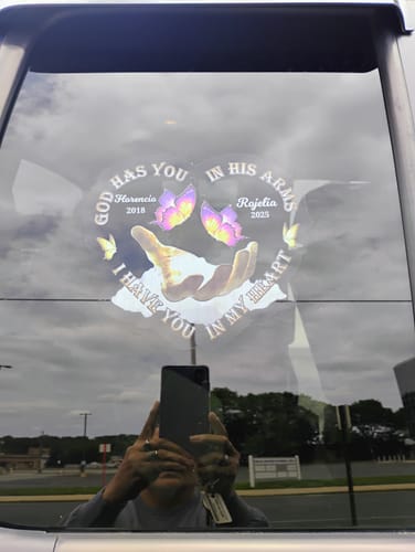 Customer photo review of Memorial Gift Butterfly, God Has You In His Arms, I Have You In My Heart Personalized Decal