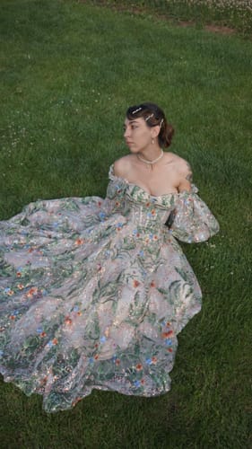 Customer photo review of Off the Shoulder Corset Floral Embroidery Beaded Dress with Puffy Sleeves