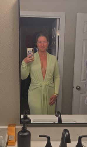 Customer photo review of Smooth Plunge Drape Tie Dress