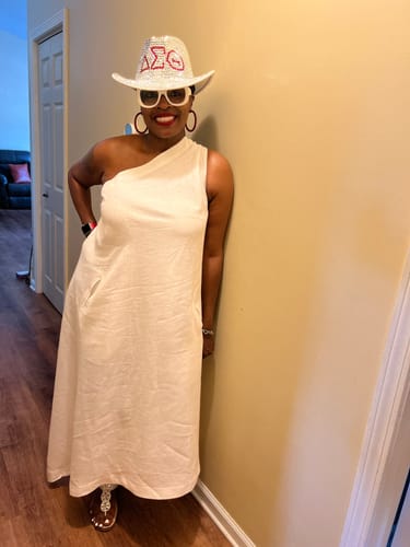 Customer photo review of White Linen One Shoulder Dress TIFFANY