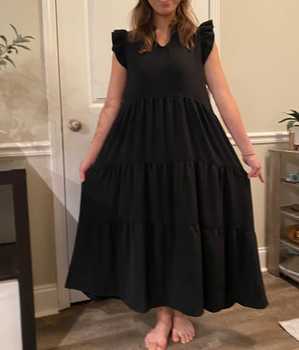 Customer photo review of Ruffle Trim Tiered Midi Dress