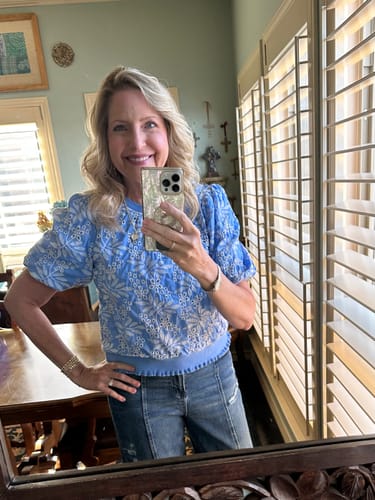 Customer photo review of Blue Embroidered Eyelet Bubble Sleeve Top