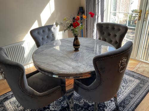 Customer photo review of Vienna Round Grey Marble Dining Table With Chelsea Lion Grey Knocker Velvet Chairs