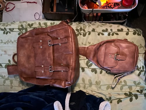 Customer photo review of Vintage Leather Sling Bag with Guitar Strap