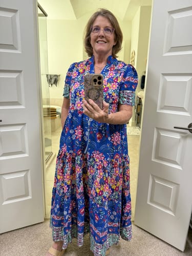 Customer photo review of Cobalt Mixed Print Ruffle Neck Tiered Midi Dress
