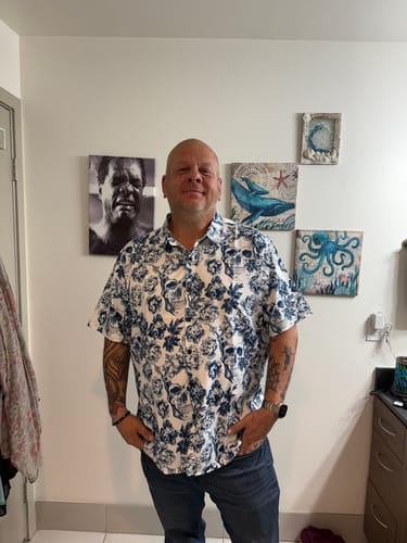 Customer photo review of Men's Punk Rock Crown Floral Skull Print Short Sleeve Shirt