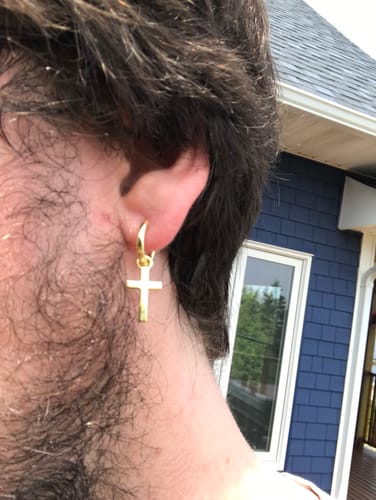 Customer photo review of S925 Silver Cross Dangle Earrings - 14K Gold