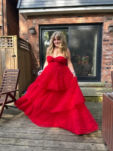 Customer photo review of Godiva Pleated Tulle Tiered Ball Gown by Bariano - RENTAL