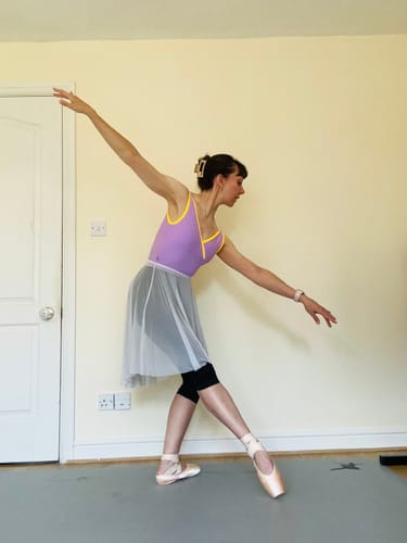 Customer photo review of Women's Marseille Wrap Front Leotard - Lavender with sunflower trim