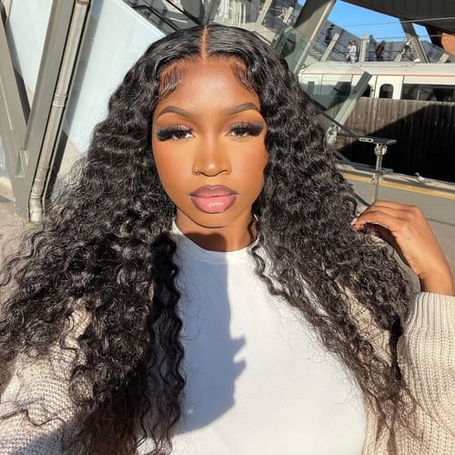 Customer photo review of Deep Wave Glueless Wig 5x5 Swiss HD Lace Pre-Cut & Pre-Plucked Invisible Knots