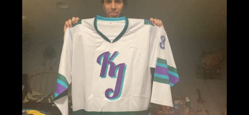 Customer photo review of Custom White Purple-Powder Blue Classic Style Hockey Jersey