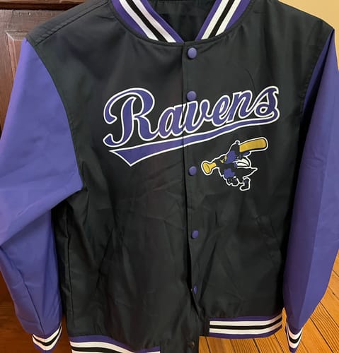 Customer photo review of Custom Black Purple-White Raglan Sleeves Varsity Full-Snap Letterman Jacket