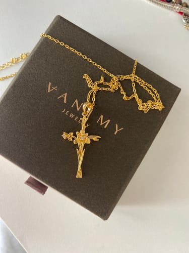 Customer photo review of Floral Cross February Iris Birth Flower Necklace