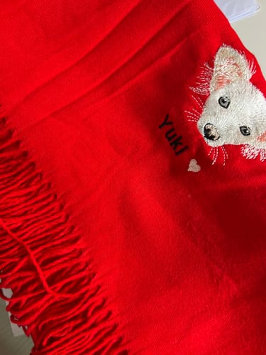 Customer photo review of Custom Embroidered Pet Portrait Woven Scarf | Best Gift for Friends & Family