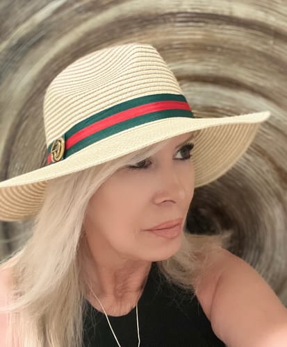Customer photo review of Green and Red Ribbon Straw Woven Fedora Hat - Beige