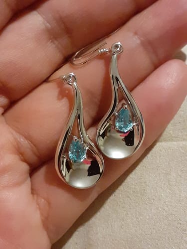 Customer photo review of Sandblast Texture Wave Earrings with Ratanakiri Blue Zircon