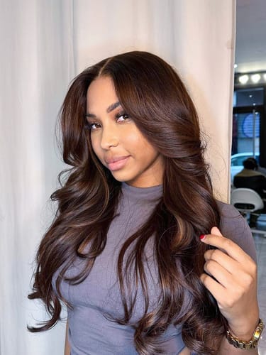 Customer photo review of Reddish Brown Ready to Go Glueless Loose Body Wave Wig 5x5 Swiss HD Invisible Knots Pre-Cut Lace