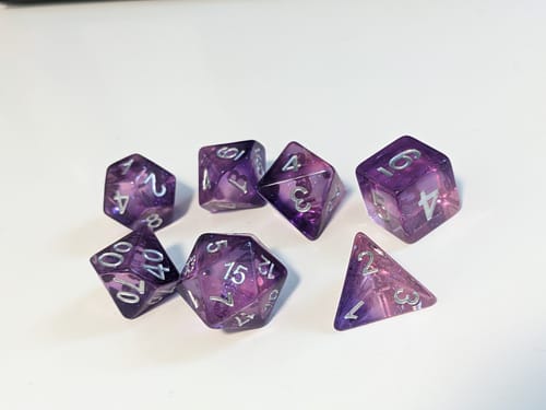 Customer photo review of Dancing Lavender - 7 Piece DnD Dice Set | Acrylic RPG Gaming Dice