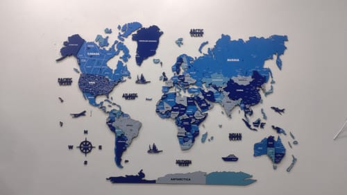 Customer photo review of 3D Tory Blue Wooden World Map for wall